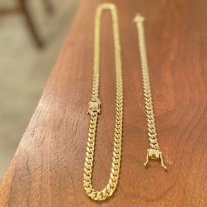 7mm 14k vermeil Cuban chain and bracelet set: 3x layered 15% solid gold no fade